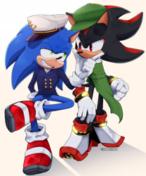 Size: 1707x2048 | Tagged: safe, artist:2angelisimo, shadow the hedgehog, sonic the hedgehog, hedgehog, the murder of sonic the hedgehog, duo, duo male, frown, gay, grin, hand on chin, lidded eyes, looking at each other, male, males only, shadow (lighting), shadow x sonic, shipping, simple background, sitting, smile, standing