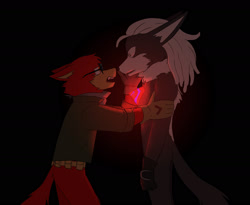 Size: 1875x1541 | Tagged: safe, artist:dreaminginmysoup, gadget the wolf, infinite the jackal, alternate outfit, black background, dark, duo, duo male, frown, gay, glowing, jacket, looking at each other, male, males only, mouth open, phantom ruby, rookinite, shipping, simple background, standing