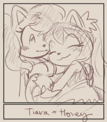 Size: 1010x1160 | Tagged: safe, artist:bl00doodle, honey the cat, tiara boobowski, cat, :3, blushing, cute, duo, duo female, english text, eyes closed, female, females only, honeybetes, honiara, hugging, lesbian, line art, looking at them, shipping, sketch, smile, standing, tiarabetes