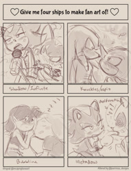Size: 936x1226 | Tagged: safe, artist:bl00doodle, espio the chameleon, infinite the jackal, knuckles the echidna, metal sonic, shadow the hedgehog, adventure time, blushing, bubbline, cute, english text, female, four fanarts, frown, gay, heart, knuxio, lesbian, male, marceline abadeer, metadow, microphone, panels, princess bubblegum, robot, shadfinite, shipping, sketch, sleeping, smile, zzz