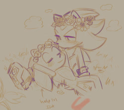 Size: 1404x1239 | Tagged: safe, artist:bl00doodle, shadow the hedgehog, sonic the hedgehog, arms behind head, blushing, clouds, cute, duo, eyes closed, flower, flower crown, gay, grass, lidded eyes, line art, looking at them, lying back, lying on them, outdoors, shadow x sonic, shadowbetes, shipping, sitting, smile, sonabetes