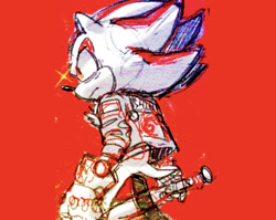 Size: 1468x1167 | Tagged: safe, artist:bl00doodle, shadow the hedgehog, hedgehog, baseball bat, frown, holding something, jacket, looking ahead, looking offscreen, male, red background, shadow's logo, simple background, sketch, solo, standing