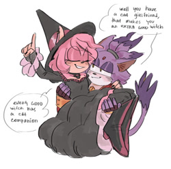 Size: 540x535 | Tagged: safe, artist:ffc1cb, amy rose, blaze the cat, cat, hedgehog, 2017, amy x blaze, carrying them, cute, english text, eyes closed, female, females only, lesbian, shipping, witch outfit