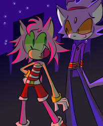 Size: 540x660 | Tagged: safe, artist:thetwiggiesttwig, amy rose, blaze the cat, cat, hedgehog, 2020, amy x blaze, blushing, cute, female, females only, green sclera, lesbian, looking at each other, mouth open, nighttime, shipping, star (sky), yellow sclera