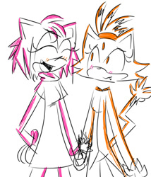 Size: 540x630 | Tagged: safe, artist:thetwiggiesttwig, amy rose, blaze the cat, cat, hedgehog, 2019, amy x blaze, cute, eyes closed, female, females only, holding hands, lesbian, mouth open, shipping, sketch