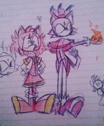 Size: 540x648 | Tagged: safe, artist:thetwiggiesttwig, amy rose, blaze the cat, cat, hedgehog, 2019, amy x blaze, cute, eyes closed, female, females only, flame, lesbian, looking at something, mouth open, shipping, sketch, traditional media
