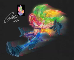 Size: 1336x1076 | Tagged: safe, artist:orion_watt, sonic the hedgehog, sonic prime s2, 2023, grey background, paradox prism, prism form, prism sonic, redesign, reference inset, simple background, skidding, solo