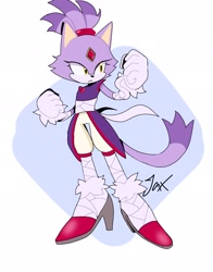 Size: 1608x2048 | Tagged: safe, artist:sonixjax, blaze the cat, 2023, abstract background, boom style, clenched fists, frown, looking offscreen, signature, solo, sonic boom (tv)