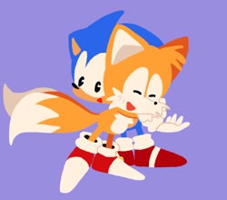 Size: 2027x1785 | Tagged: safe, artist:sontaiis, miles "tails" prower, sonic the hedgehog, adventures of sonic the hedgehog, 2023, blushing, cute, duo, eyes closed, gay, hugging, mouth open, no outlines, purple background, redraw, shipping, simple background, sonabetes, sonic x tails, standing, tailabetes