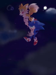 Size: 1536x2048 | Tagged: safe, artist:giaoux, miles "tails" prower, sonic the hedgehog, 2023, abstract background, blushing, carrying them, clouds, duo, flying, gay, looking ahead, moon, mouth open, nighttime, outdoors, shipping, smile, sonic x tails, star (sky)
