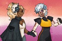Size: 1021x672 | Tagged: safe, artist:nellyartz, tangle the lemur, whisper the wolf, human, 2023, duo, heart, holding hands, humanized, lesbian, lesbian pride, looking at them, pride, pride flag background, redraw, shipping, smile, tangle x whisper
