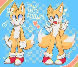 Size: 1080x927 | Tagged: safe, artist:tr1zt4n, miles "tails" prower, 2023, abstract background, blushing, character name, checkered background, double v sign, heart, looking offscreen, smile, solo, star (symbol)