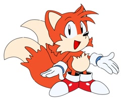 Size: 1000x800 | Tagged: safe, artist:pentacave, miles "tails" prower, 2023, commission, flat colors, looking up, mania style, mouth open, simple background, smile, solo, sonic satam, standing, white background