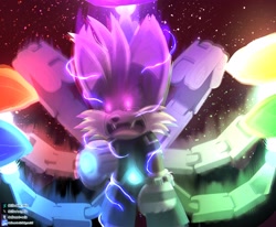 Size: 2047x1686 | Tagged: safe, artist:efraart_mix, miles "tails" prower, nine, sonic prime, sonic prime s2, 2023, abstract background, electricity, fangs, glowing eyes, looking ahead, prism form, prism nine, solo, standing