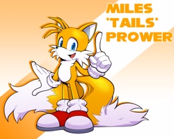 Size: 2048x1639 | Tagged: safe, artist:jeanb2006, miles "tails" prower, 2023, abstract background, character name, looking at viewer, mouth open, pointing, smile, solo, standing