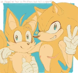 Size: 2047x1906 | Tagged: safe, artist:ultimatedownbad, miles "tails" prower, sonic the hedgehog, 2023, arm around shoulders, blue background, border, double thumbs up, duo, dyed fur, english text, looking at viewer, simple background, smile, standing, star (symbol), top surgery scars, trans male, transgender, v sign, wink, yellow fur
