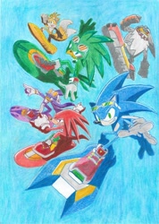 Size: 3449x2454 | Tagged: safe, artist:szylishguy25, jet the hawk, knuckles the echidna, miles "tails" prower, sonic the hedgehog, storm the albatross, wave the swallow, 2021, babylon rogues, extreme gear, group, redraw, riders style, smile, sonic riders, team sonic, traditional media