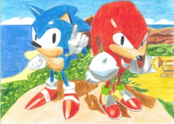 Size: 2322x1653 | Tagged: safe, artist:szylishguy25, knuckles the echidna, sonic the hedgehog, 2021, angel island, classic knuckles, classic sonic, duo, looking at viewer, pointing, smile, sonic and knuckles (1994), standing, traditional media