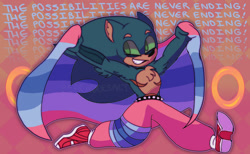 Size: 1280x788 | Tagged: safe, artist:peachdoesart, sonic the hedgehog, 2023, abstract background, english text, flag, green sclera, holding something, looking back, male, pants, pride, pride flag, ring, running, smile, soap shoes, solo, top surgery scars, trans boy sonic, trans male, transgender, transmasc pride