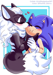 Size: 1000x1414 | Tagged: safe, artist:cherrypie995, artist:jyllhedgehog367, infinite the jackal, sonic the hedgehog, 2023, abstract background, blushing, cute, duo, eyes closed, gay, heart, infinibetes, nibbling, shipping, smile, sonabetes, sonfinite, standing