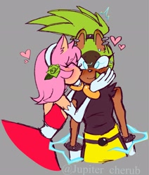 Size: 1739x2048 | Tagged: safe, artist:rustezefan95, amy rose, surge the tenrec, 2023, blushing, blushing ears, duo, electricity, grey background, hand on another's cheek, heart, lesbian, shipping, simple background, smile, standing, surgamy