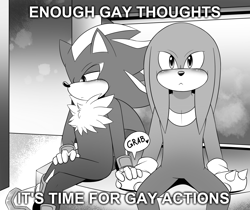 Size: 1656x1392 | Tagged: safe, artist:fire-for-battle, knuckles the echidna, shadow the hedgehog, 2023, abstract background, blushing, duo, duo male, english text, gay, grabbing, greyscale, heart, holding hands, knuxadow, lidded eyes, looking offscreen, male, males only, sfx, shipping, sitting