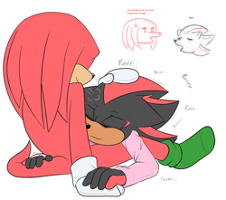 Size: 1700x1500 | Tagged: safe, artist:fire-for-battle, knuckles the echidna, shadow the hedgehog, 2022, clothes, cute, dialogue, duo, english text, eyes closed, floppy ears, gay, green socks, hand on another's head, knuxadow, purring, sfx, shadowbetes, shipping, simple background, white background