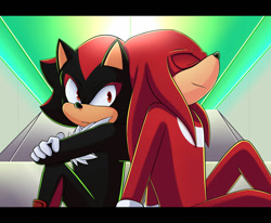 Size: 1280x1055 | Tagged: safe, artist:fire-for-battle, knuckles the echidna, shadow the hedgehog, 2022, abstract background, arms folded, back to back, clenched teeth, duo, duo male, eyes closed, fanfiction art, gay, knuxadow, looking at them, male, males only, master emerald, shipping, sitting, smile