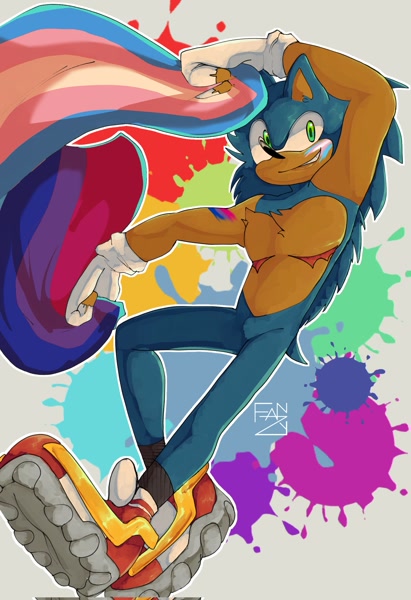 Size: 1403x2048 | Tagged: safe, artist:stressedfanzy, sonic the hedgehog, 2023, alternate shoes, bisexual, bisexual pride, chest fluff, face paint, featured image, headcanon, holding something, paint, pride, pride flag, smile, solo, top surgery scars, trans male, trans pride, transgender