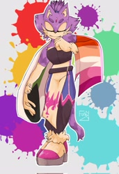 Size: 1403x2048 | Tagged: safe, artist:stressedfanzy, blaze the cat, 2023, abstract background, demiromantic, demiromantic pride, eyes closed, female, headcanon, lesbian, lesbian pride, paint, pride, pride flag, smile, solo, standing