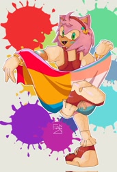 Size: 1403x2048 | Tagged: safe, artist:stressedfanzy, amy rose, 2023, abstract background, face paint, female, headcanon, looking back at viewer, mouth open, paint, pansexual, pansexual pride, pride, pride flag, signature, smile, solo, standing on one leg, trans female, trans pride, transgender