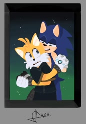 Size: 619x896 | Tagged: safe, artist:onepapafrita, miles "tails" prower, nine, sonic the hedgehog, sonic prime, abstract background, duo, from behind, gay, holding hands, lidded eyes, lineless, looking at each other, nine x sonic, shipping, shooting star, signature, sonic x tails, standing, star (sky)