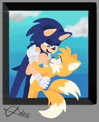 Size: 731x896 | Tagged: safe, artist:onepapafrita, miles "tails" prower, sonic the hedgehog, 2023, abstract background, blushing, clouds, duo, gay, holding each other, lidded eyes, lineless, looking at each other, shipping, signature, smile, sonic x tails, standing