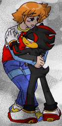 Size: 287x582 | Tagged: safe, artist:cloud-kitsune, chris thorndyke, shadow the hedgehog, human, 2013, blushing, chrisadow, duo, duo male, gay, hugging, lidded eyes, male, males only, shipping, sonic x, standing, traditional media