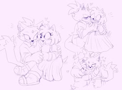 Size: 540x399 | Tagged: safe, artist:sonicattos, amy rose, blaze the cat, cat, hedgehog, 2023, amy x blaze, blushing, cute, female, females only, hearts, kiss on cheek, lesbian, looking at each other, shipping, sketch
