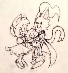 Size: 400x428 | Tagged: safe, artist:fleetways, amy rose, blaze the cat, cat, hedgehog, 2017, amy x blaze, amybetes, blaze's tailcoat, blazeabetes, cute, female, females only, hand on cheek, holding hands, lesbian, looking at each other, shipping, sketch, traditional media