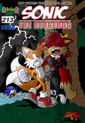 Size: 650x944 | Tagged: safe, artist:tracy yardley, fiona fox, miles "tails" prower, sonic the hedgehog, blood, comic cover, english text, official artwork, rain, sega logo, this will end in injury and/or death, trio