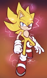 Size: 1249x2048 | Tagged: safe, artist:skyicah, sonic the hedgehog, super sonic, 2023, abstract background, alternate eye color, blue eyes, clenched fist, electricity, flying, frown, looking at viewer, solo, super form