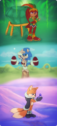 Size: 900x2000 | Tagged: safe, artist:fainalotea, flicky, knuckles the echidna, miles "tails" prower, sonic the hedgehog, abstract background, alternate universe, ambiguous gender, female, gender swap, loop, male, master emerald, trio, younger