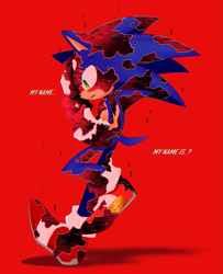Size: 3145x3881 | Tagged: safe, artist:chaoseclips, sonic the hedgehog, sonic frontiers, corruption, dialogue, english text, mouth open, red background, simple background, solo, standing