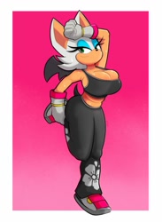 Size: 1467x2000 | Tagged: safe, artist:roboticsteve, rouge the bat, abs, abstract background, busty rouge, pink background, post workout, rouge's flower outfit