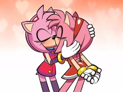 Size: 2000x1500 | Tagged: safe, artist:milkandjuice, artist:qqlettuce, amy rose, abstract background, amy x amy, amy's halterneck dress, duo, eyes closed, heart background, holding them, kiss, lesbian, modern amy, selfcest, sonic boom (tv)