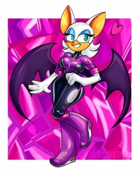 Size: 1567x2000 | Tagged: suggestive, artist:srasomeone, rouge the bat, abstract background, busty rouge, heart, latex, looking offscreen