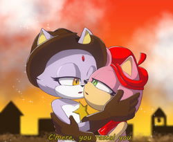 Size: 1280x1051 | Tagged: safe, artist:forlornflame009, amy rose, blaze the cat, cat, hedgehog, 2023, amy x blaze, bedroom eyes, cute, english text, female, females only, hand on head, lesbian, looking at each other, sheriff star, shipping