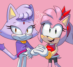 Size: 3491x3224 | Tagged: safe, artist:littlecl0ud, amy rose, blaze the cat, cat, hedgehog, 2022, amy x blaze, blushing, cute, female, females only, hearts, holding hands, lesbian, looking at viewer, shipping
