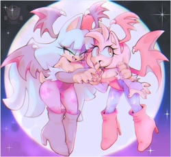Size: 2000x1834 | Tagged: safe, artist:cosmicpussycat, amy rose, rouge the bat, cosplay, darkstalkers, flying, looking at viewer, looking offscreen, moon, nighttime