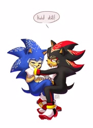 Size: 1200x1650 | Tagged: safe, artist:ivy_kay01, shadow the hedgehog, sonic the hedgehog, 2023, dialogue, duo, english text, eyes closed, face paint, gay, looking at them, shadow x sonic, shipping, simple background, sitting, smile, speech bubble, white background