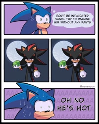 Size: 1500x1875 | Tagged: safe, artist:nenemyun, shadow the hedgehog, sonic the hedgehog, 2023, :|, abstract background, chaos emerald, comic, duo, english text, gay, meme, oh no he's hot, panels, shadow x sonic, shipping, shrunken pupils, spongebob squarepants, sweat, sweatdrop, thinking, thought bubble
