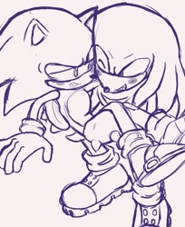 Size: 1101x1351 | Tagged: safe, artist:lying_grry1280, knuckles the echidna, sonic the hedgehog, 2022, blushing, carrying them, duo, gay, grey background, knuxonic, lidded eyes, line art, looking at each other, shipping, simple background, smile