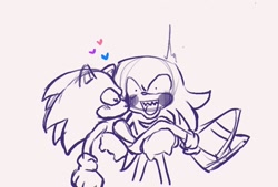 Size: 1625x1098 | Tagged: safe, artist:lying_grry1280, knuckles the echidna, sonic the hedgehog, 2022, blushing, carrying them, duo, eyes closed, gay, grey background, heart, kiss on cheek, knuxonic, line art, mouth open, sharp teeth, shipping, simple background, smile